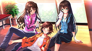 three female anime character illustration